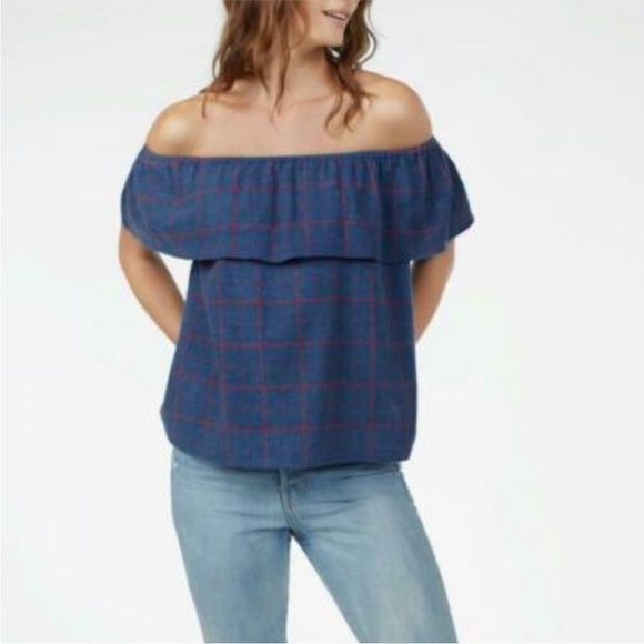 Faherty Tops - Faherty Saylor Plaid Off the Shoulder Top, Size Medium